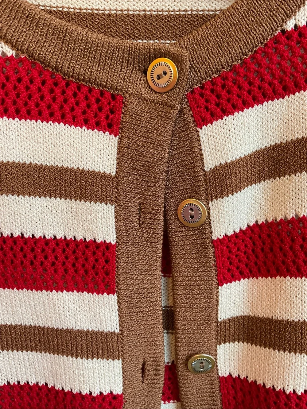 Vintage St. John Sport Striped Wool Blend Cardigan Sweater Red Ivory Camel MED - Picture 12 of 16